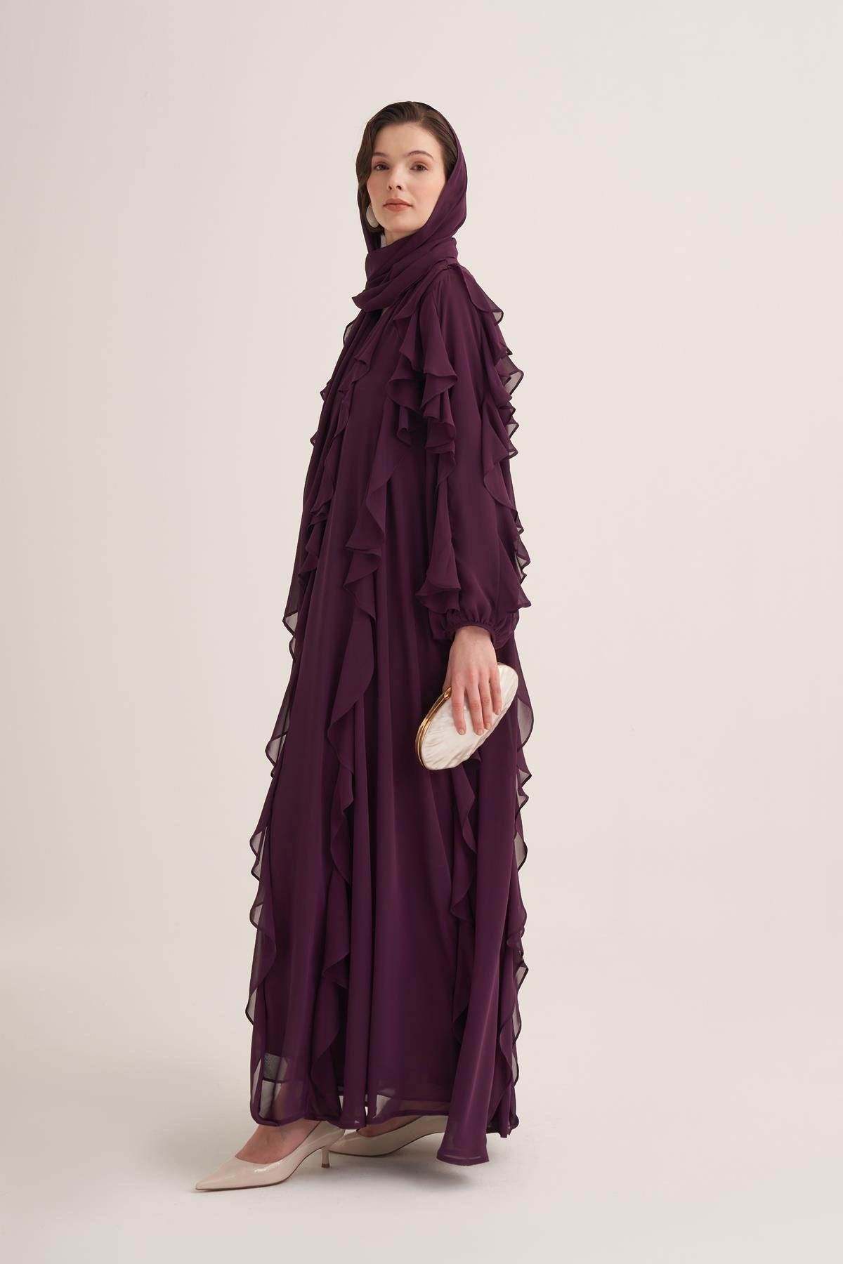 Chiffon Ruffle Open Abaya with Matching Scarf in Purple