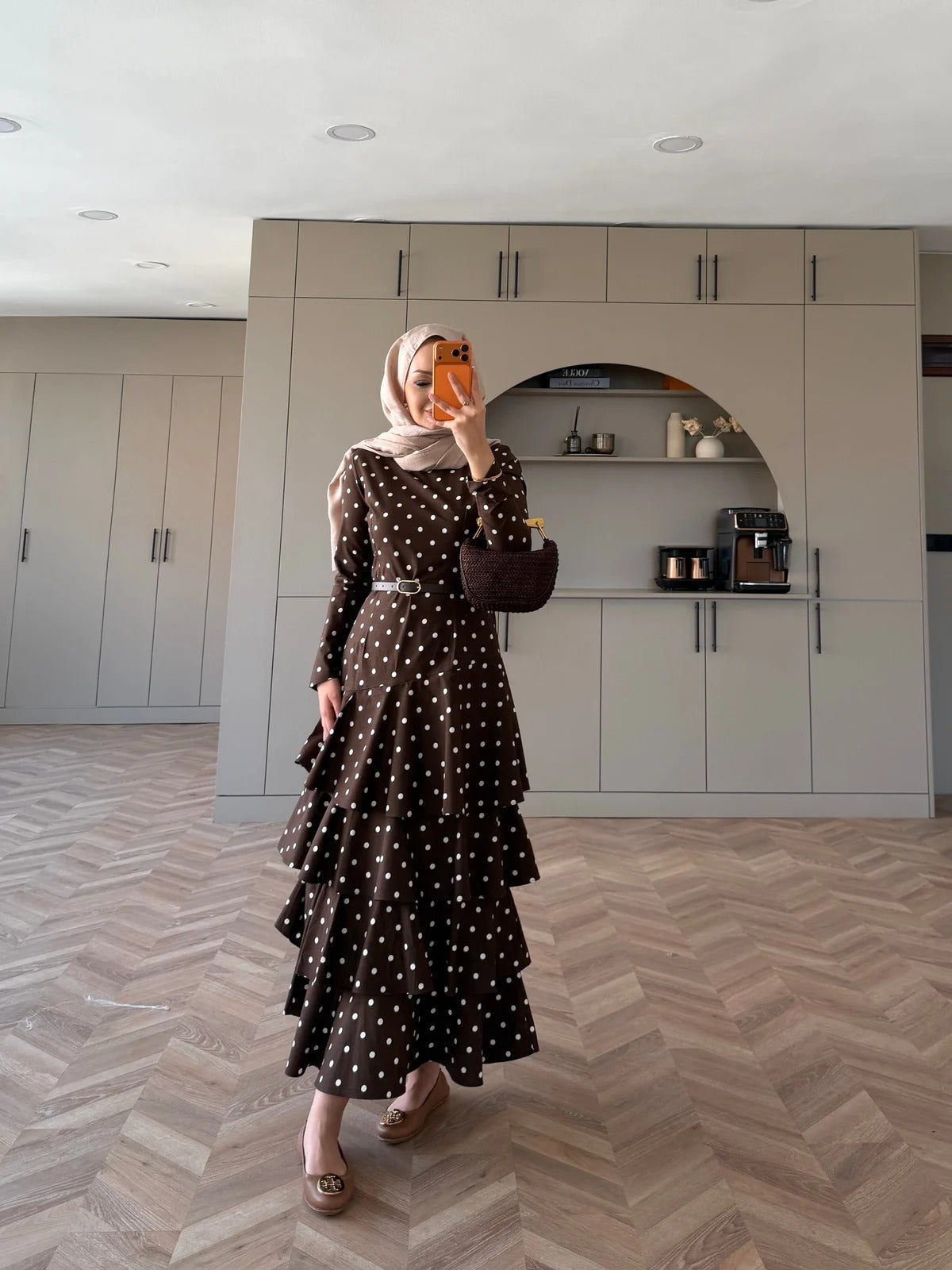 White Polka Dot Side-Tie Poplin Maxi Dress - Brown