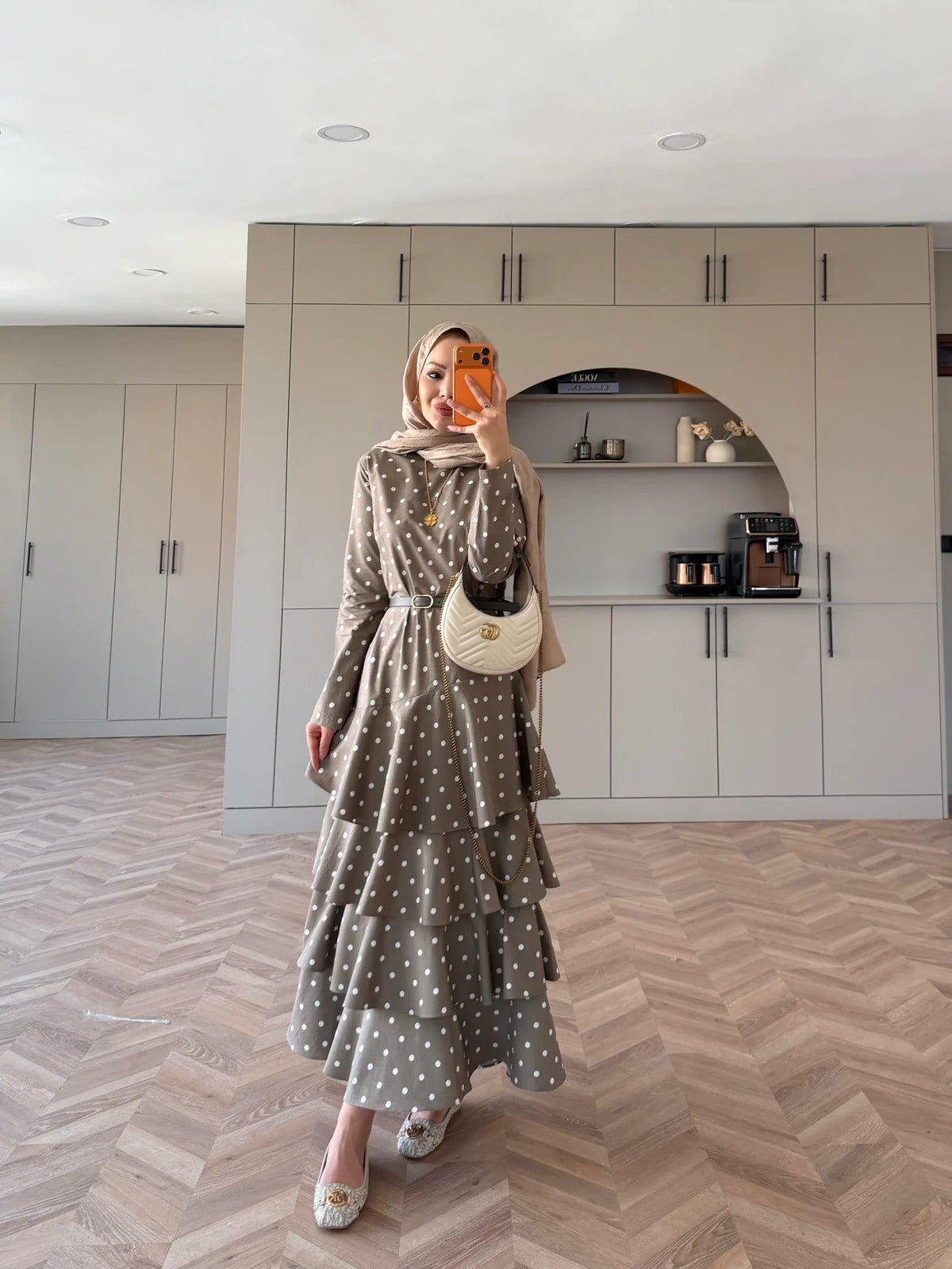 White Polka Dot Side-Tie Poplin Maxi Dress - Khaki