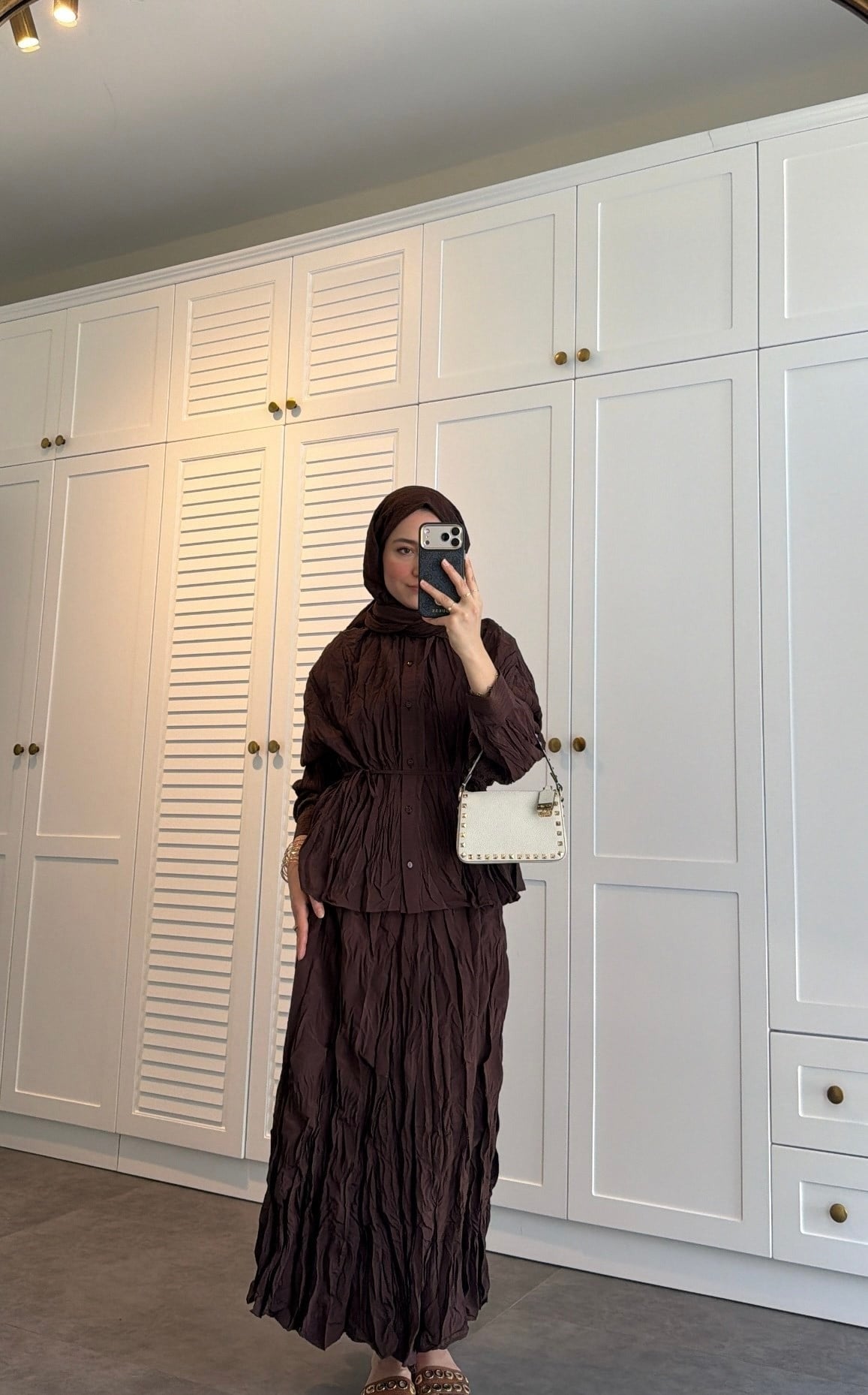 Brown Textured Crinkle-Effect Shirt & Maxi Skirt Co-ord Set