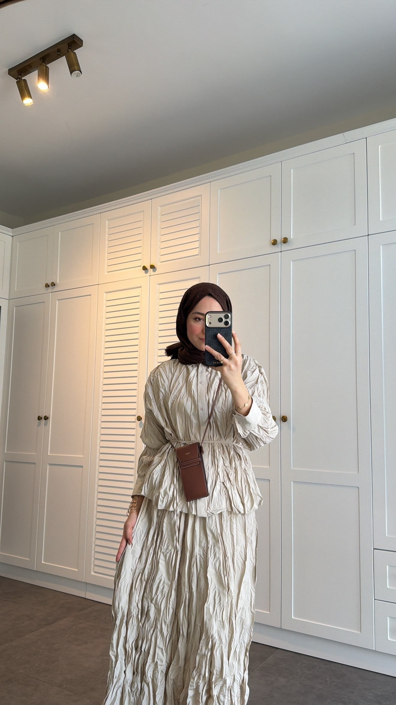 Beige Textured Crinkle-Effect Shirt & Maxi Skirt Co-ord Set