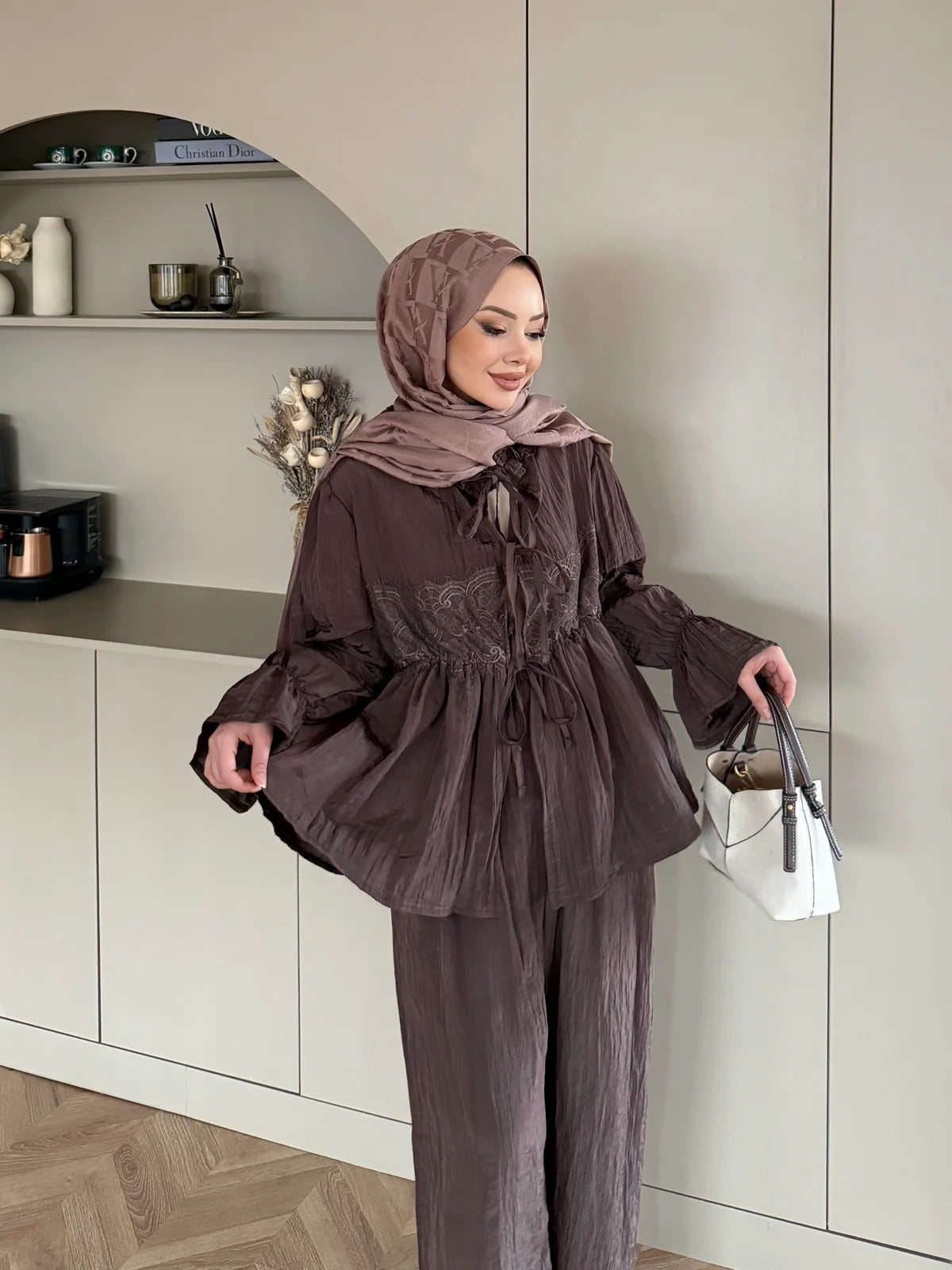 Nada Lace Detail Two-Piece Set – Brown