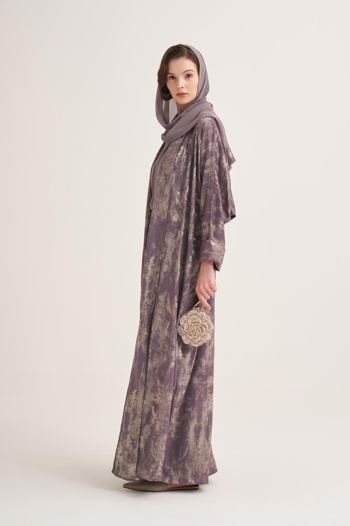 Gold-Textured Open Abaya in Dark Mink with Matching Scarf