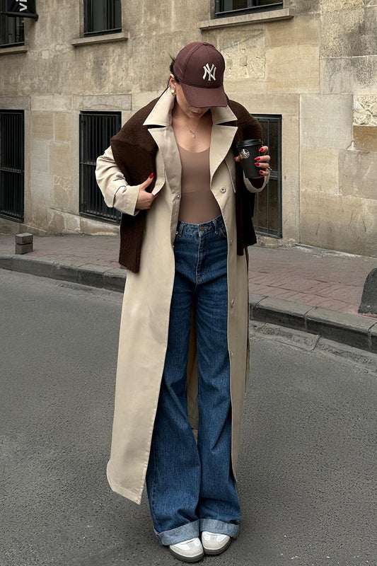 Beige Oversize Long Trench Coat with Cape and Epaulette Details – Unlined