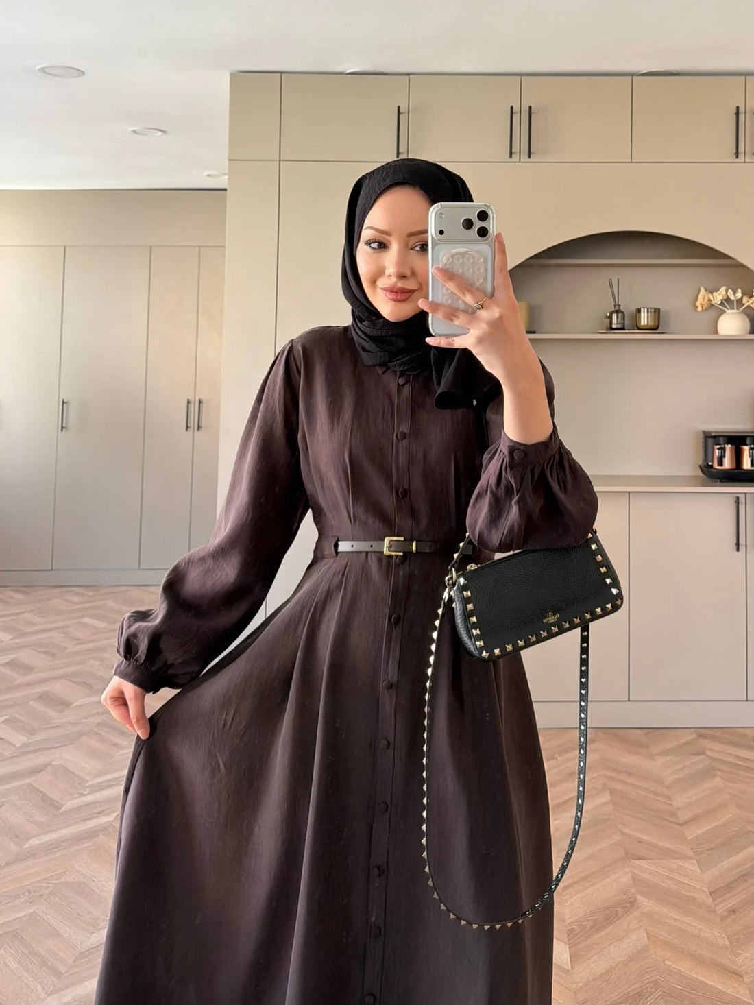 Pearl Belted Maxi Dress in Brown