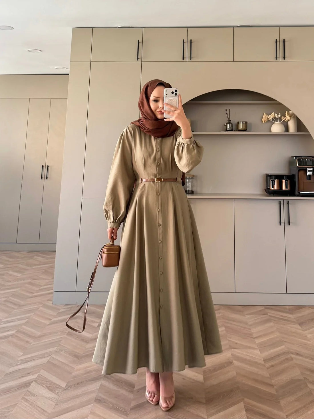 Pearl Belted Maxi Dress in Khaki