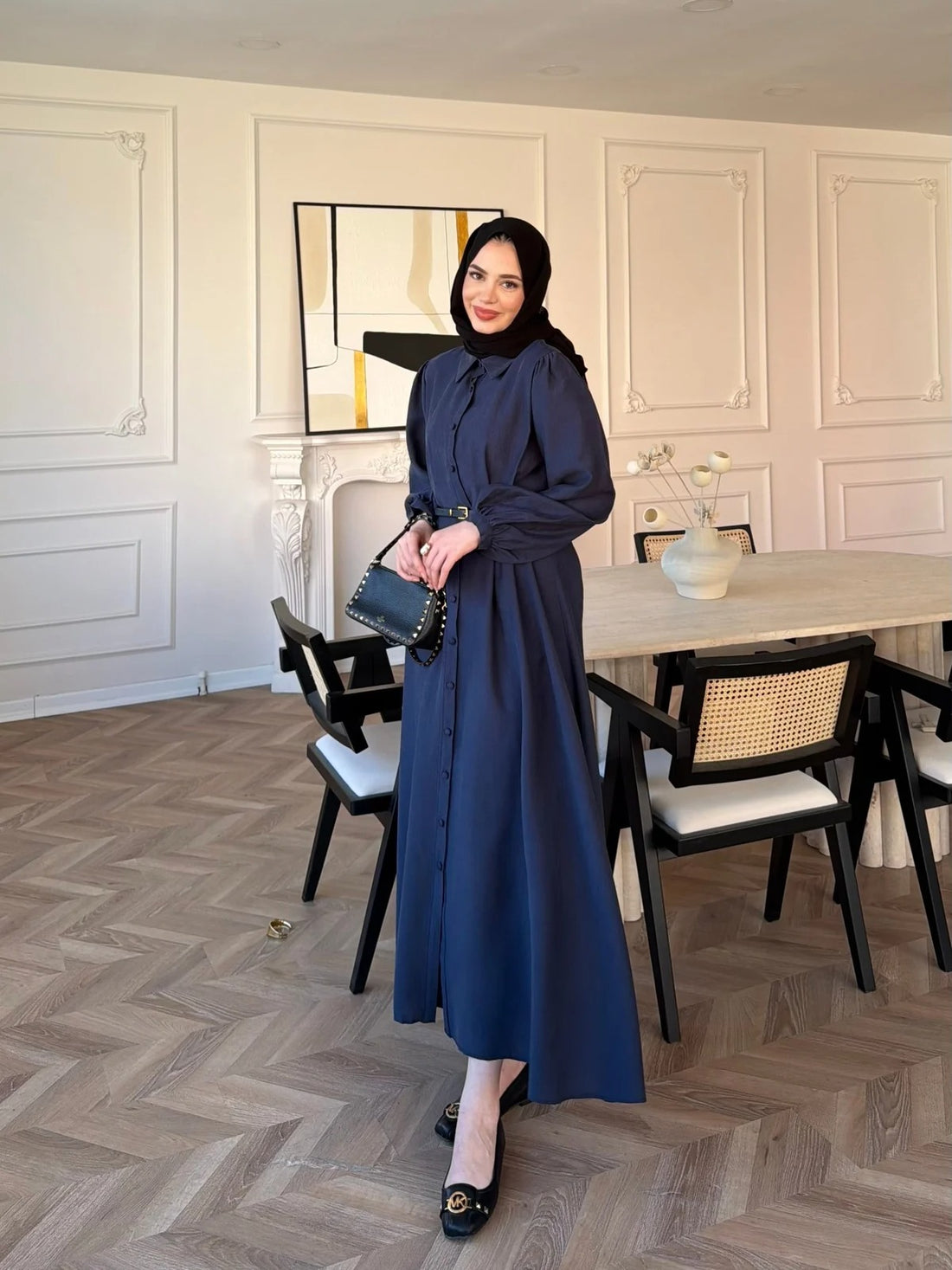 Pearl Belted Maxi Dress in Navy Blue