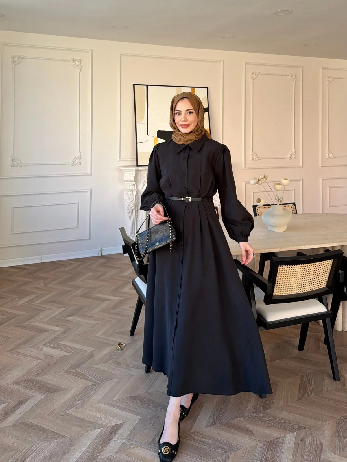 Pearl Belted Maxi Dress in Black