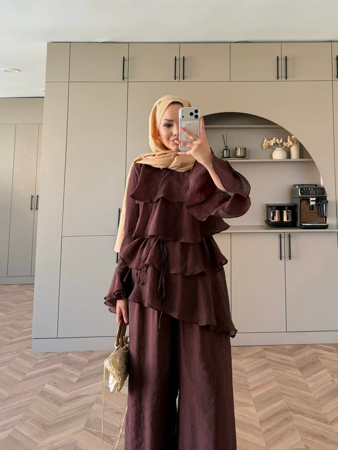 Tiered Tulle Trouser Set in Brown