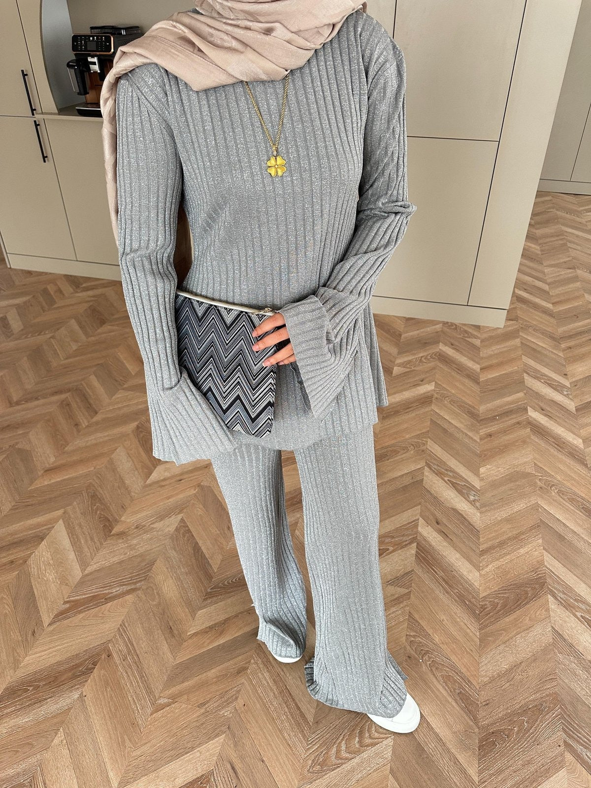 Sally Shimmer Knit Two-Piece Set – Gray