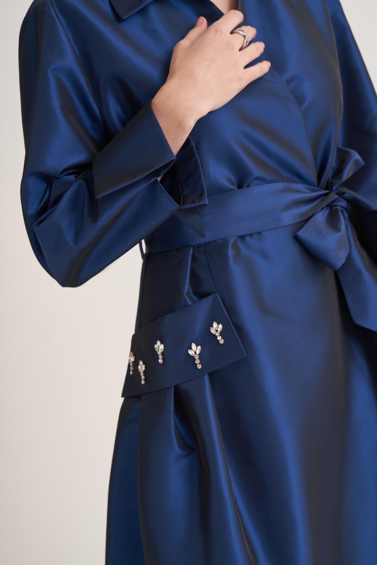 Royal Blue Satin Wrap Abaya with Handmade Embellished Crystal Pocket Detail