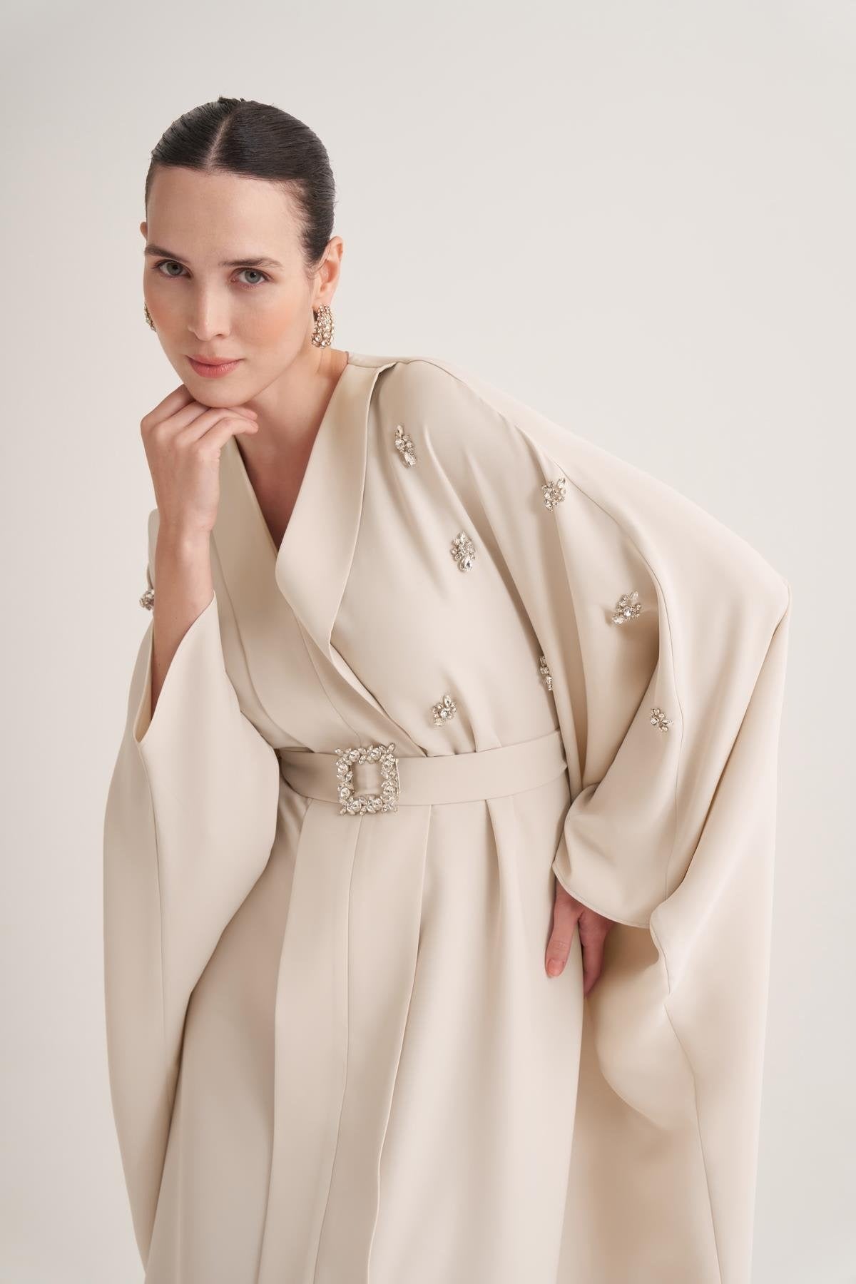 Beige Kaftan with Crystal Hand Embellishments & Jewelled Belt Buckle