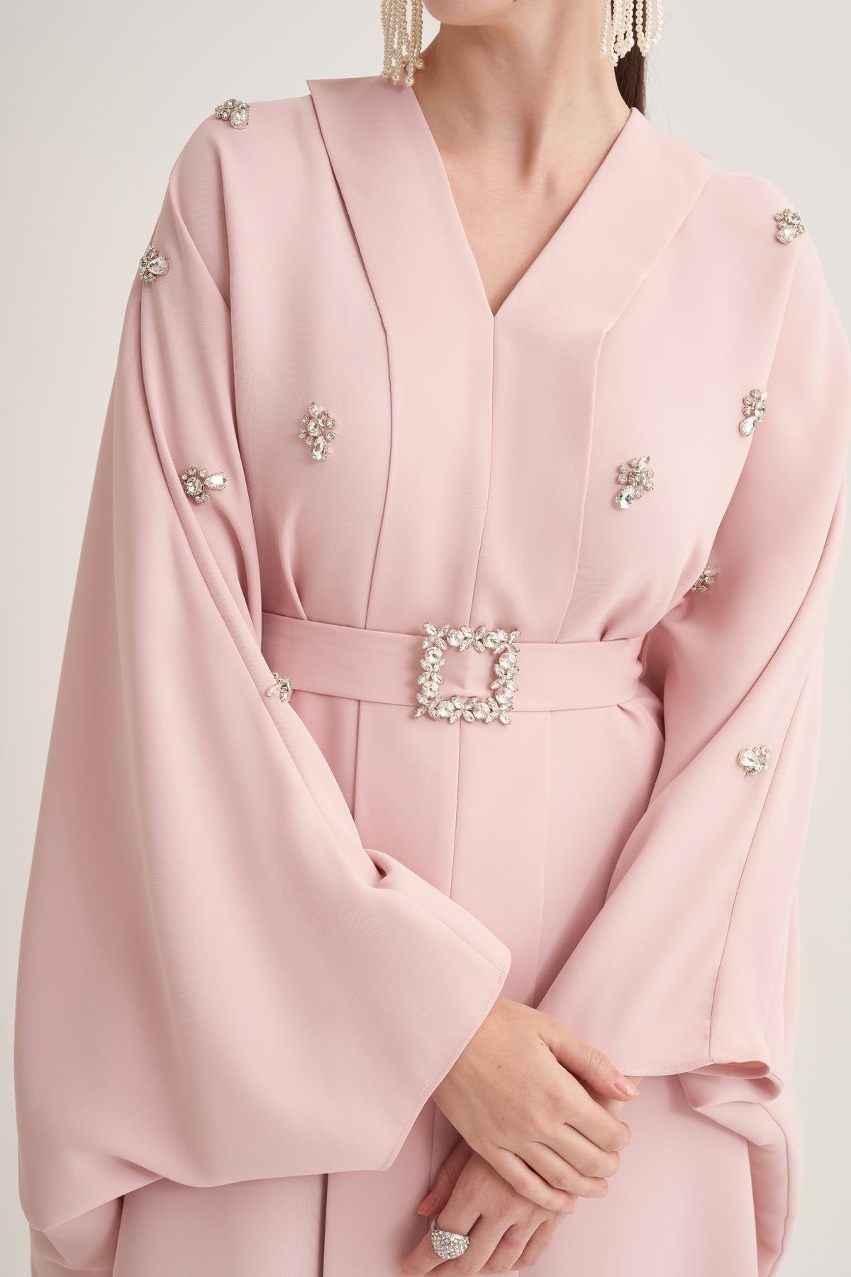 Powder Pink Kaftan with Crystal Hand Embellishments & Jewelled Belt Buckle