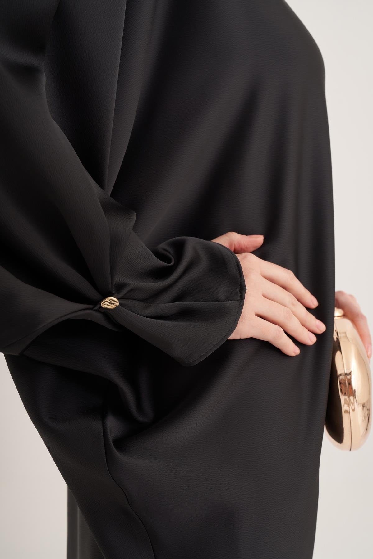 Black Satin Batwing Sleeve Maxi Dress with Bow Neck Detail