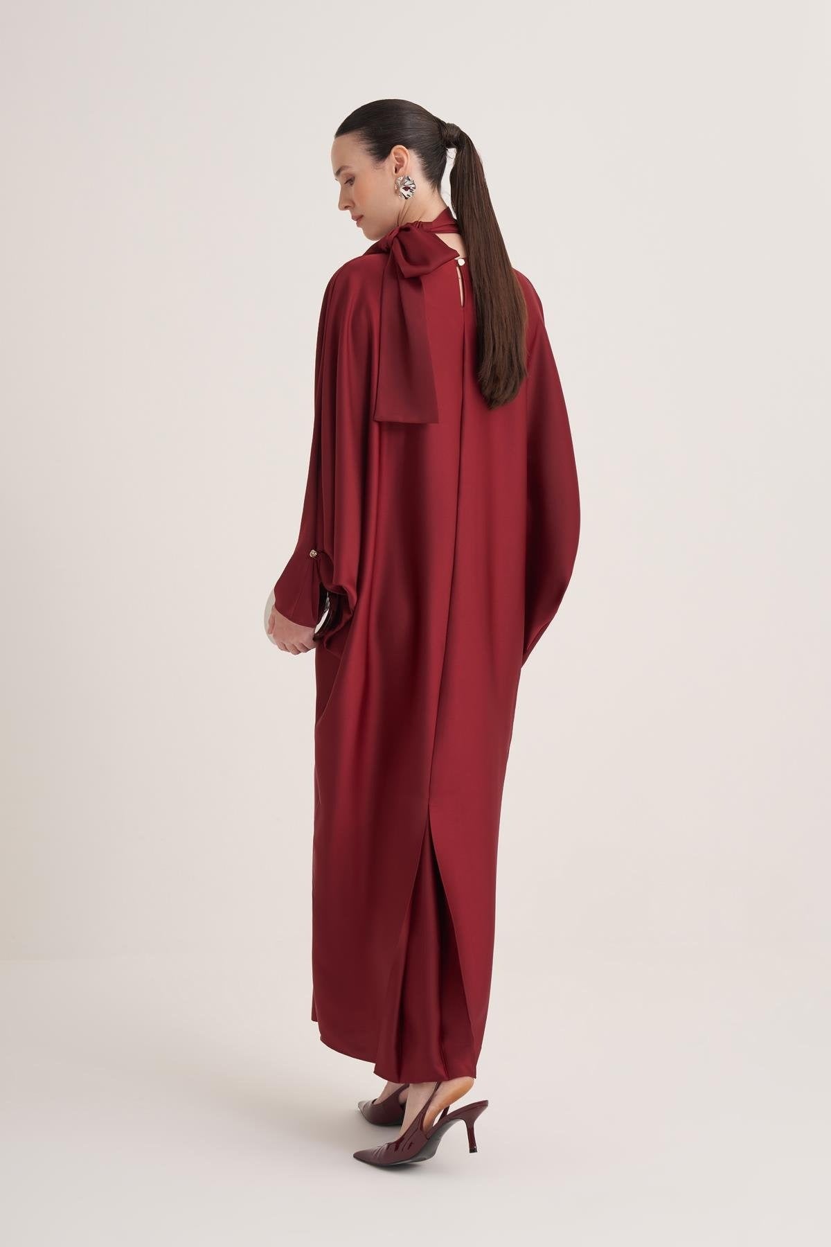 Burgundy Satin Batwing Sleeve Maxi Dress with Bow Neck Detail