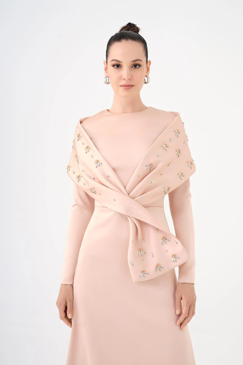 Embellished Satin Long Evening Dress with Shawl-Champagne