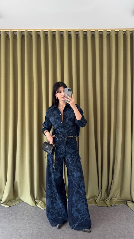 Dark Blue Palazzo Fit Denim Jeans with Shiny Stone Pattern