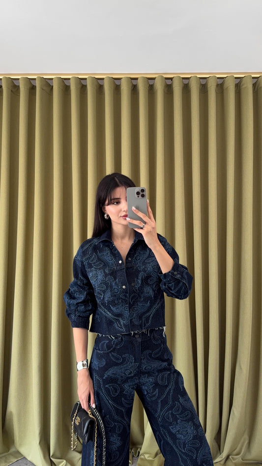 Premium Dark Blue Button-Front Denim Jacket with Shiny Stone Pattern