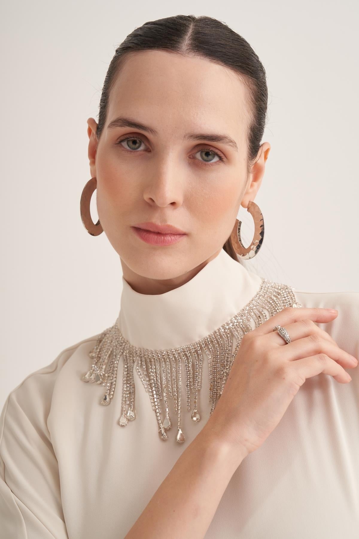 Cream Kaftan Dress with Draped Cape Sleeves & Crystal Fringe Neckline