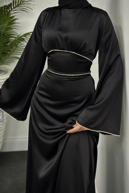 Elegant Black Satin Modest Evening Dress with Baguette Stone Waist Detail