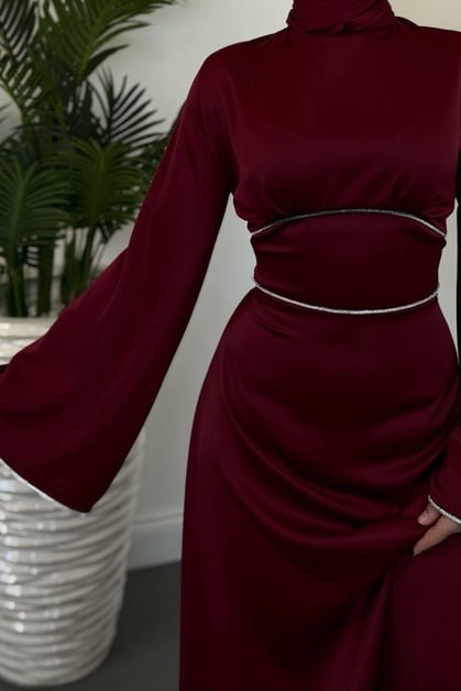Elegant Burgundy Satin Modest Evening Dress with Baguette Stone Waist Detail