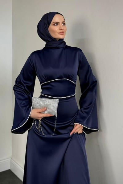 Elegant Navy Satin Modest Evening Dress with Baguette Stone Waist Detail