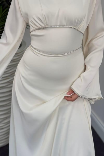 Elegant White Satin Modest Evening Dress with Baguette Stone Waist Detail