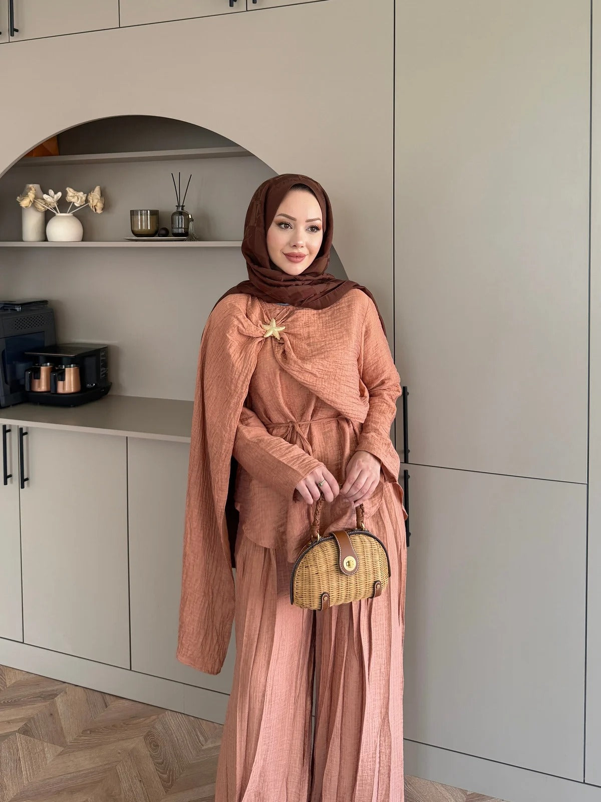 Salmon Starfish Brooch Cape Detail Muslin Trouser Set