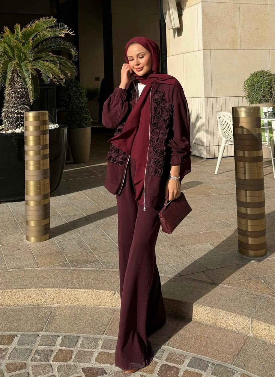 Rose Embellished Pants Set – Burgundy