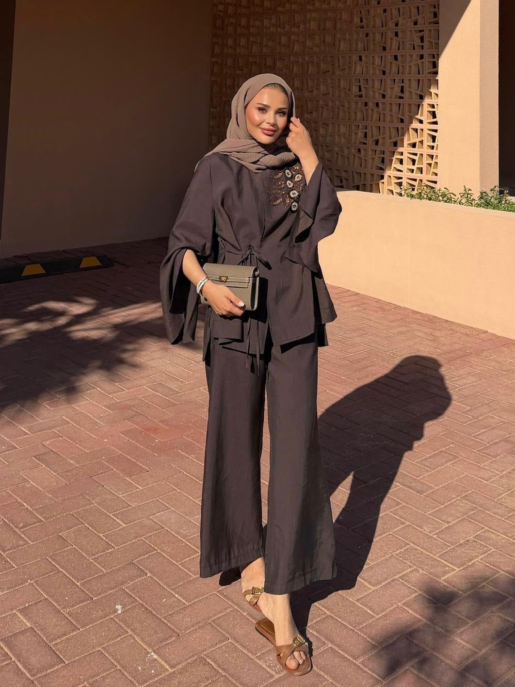 Embroidered Pants Set – Dark Brown