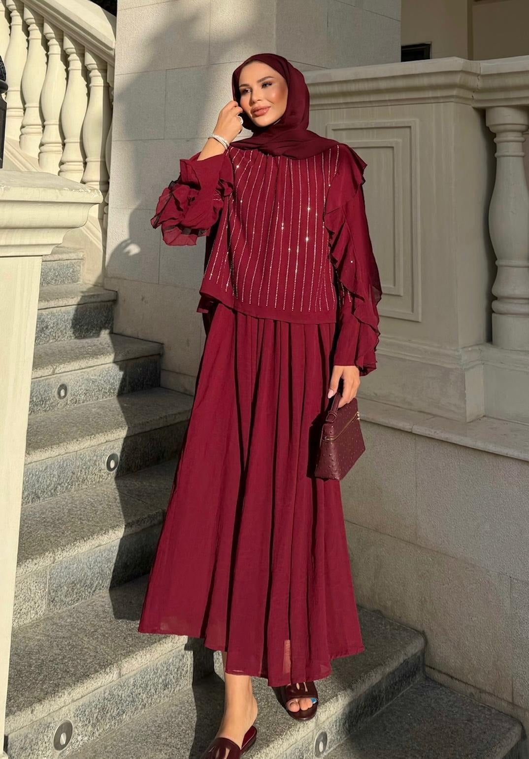 Mia Shimmer Skirt Set – Burgundy