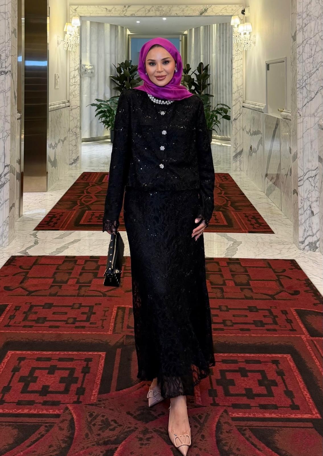 Lace Shimmer Skirt Set – Black