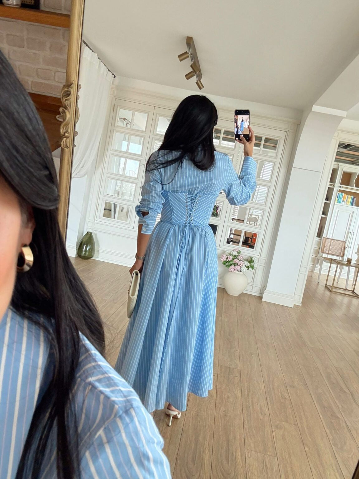 Blue Striped Cotton Maxi Shirt Dress