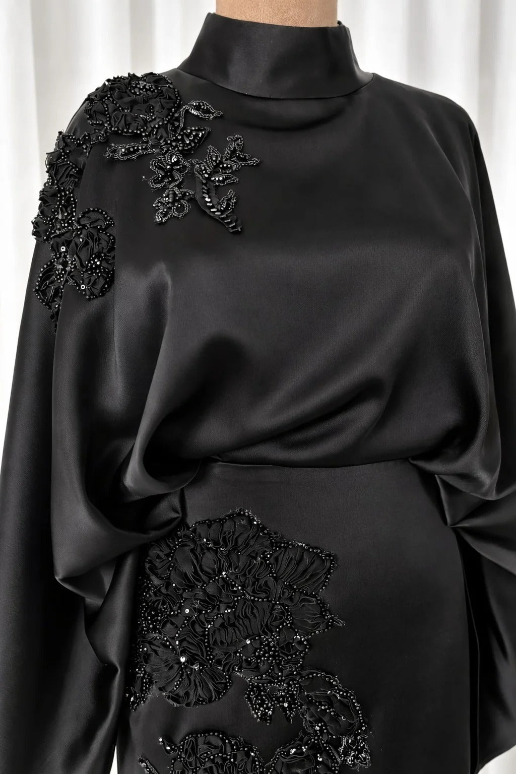 Soraya Stone-Embellished Modest Satin Cape Pencil Dress - Evening Dress - Black