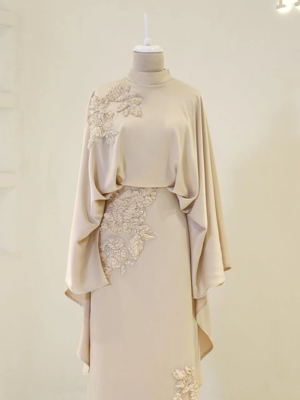 Soraya Stone-Embellished Modest Satin Cape Pencil Dress - Evening Dress