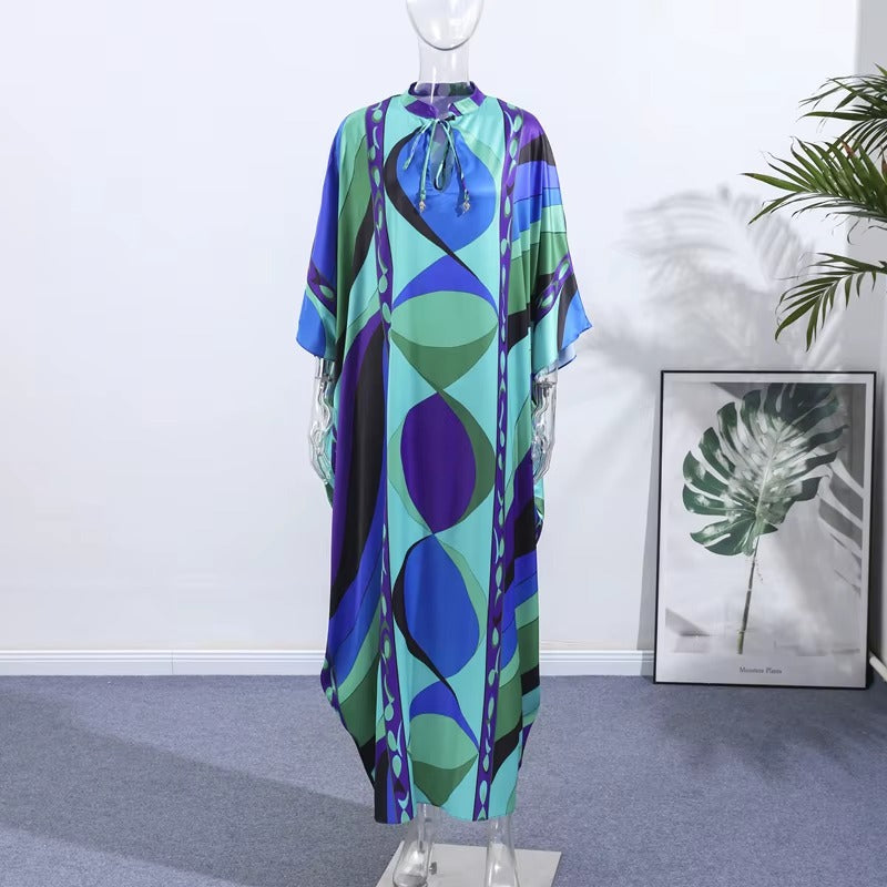 Casual Vacation Long Puff Sleeve V-neck Beach Dresses