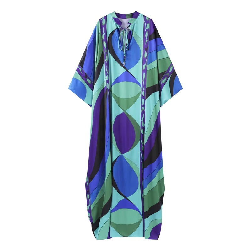 Casual Vacation Long Puff Sleeve V-neck Beach Dresses