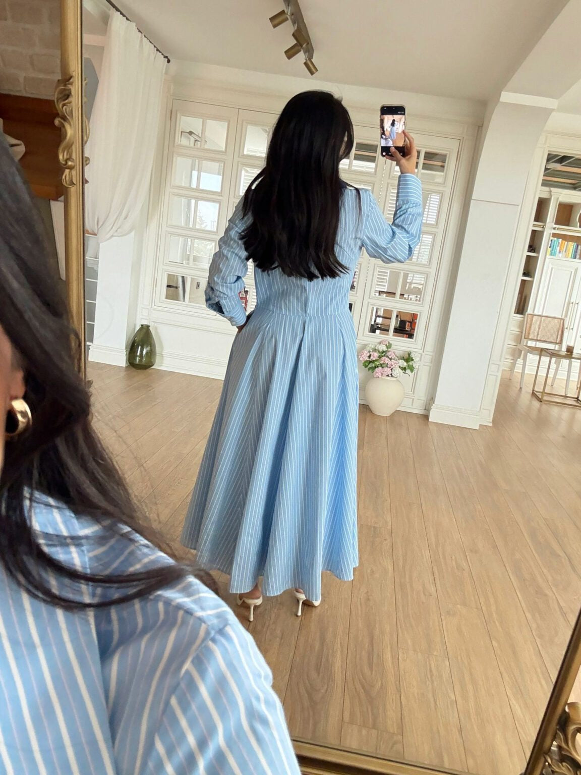 Blue Striped Cotton Maxi Shirt Dress