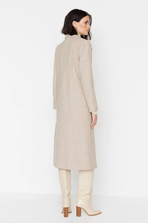 Herringbone Pattern Long Wool-Blend Coat