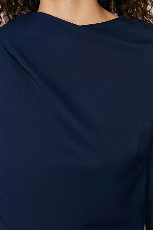 Navy Blue Shawl-Detail Evening Dress