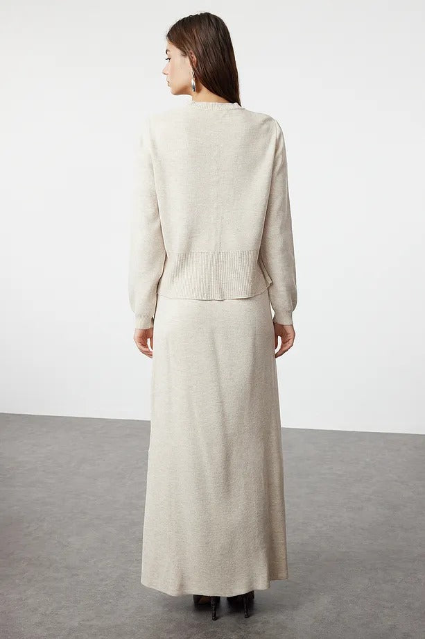 Ecru Button-Front Knit Cardigan & Skirt Set
