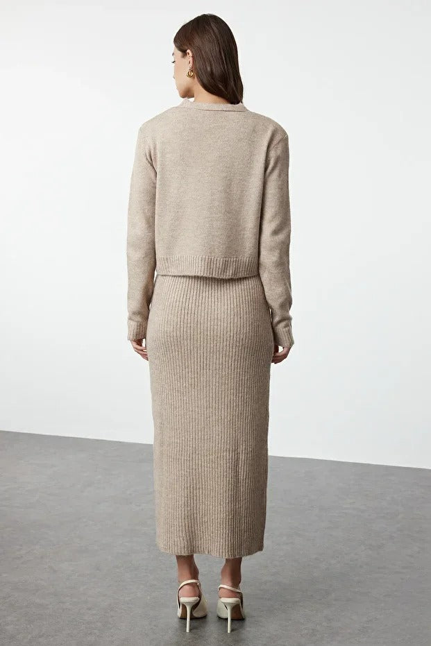 Dark Khaki Ribbed Soft-Knit Dress & Cardigan Set