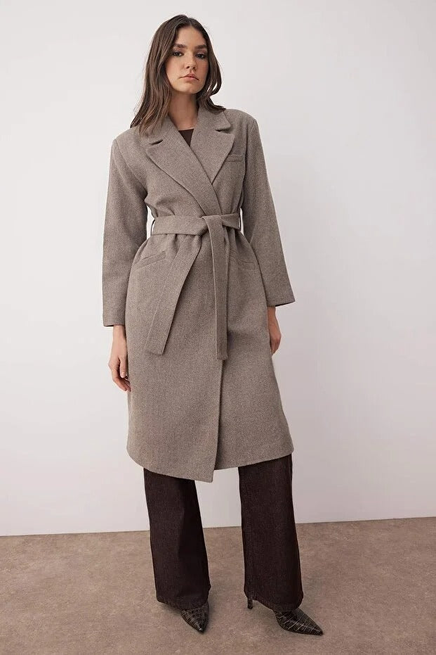 Taupe Herringbone Double-Breasted Oversized Long Wool-Blend Coat