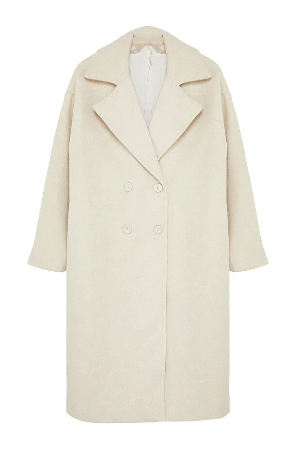 Ecru Oversized Wide-Cut Long Wool-Blend Coat