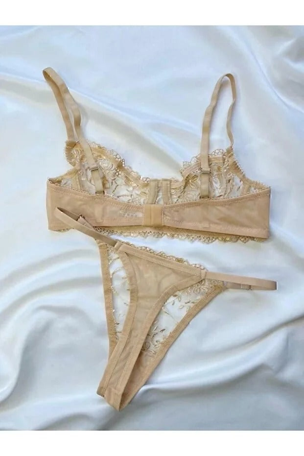 Nude Embroidered Underwire Bra Set - Broderie 2-Piece Lingerie with Thong