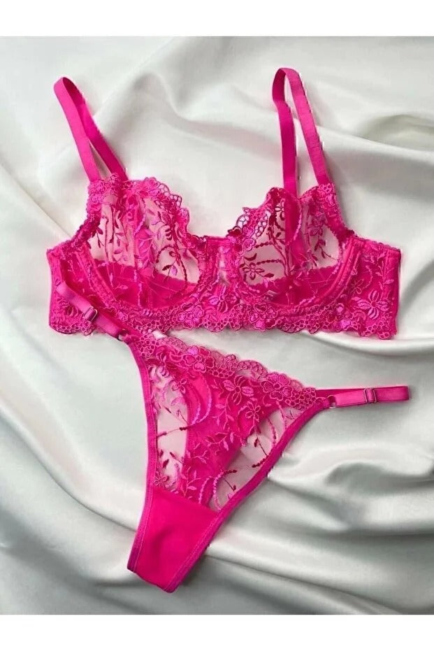 Embroidered Barbie Pink Lace Lingerie Set – Underwired Bra & Thong