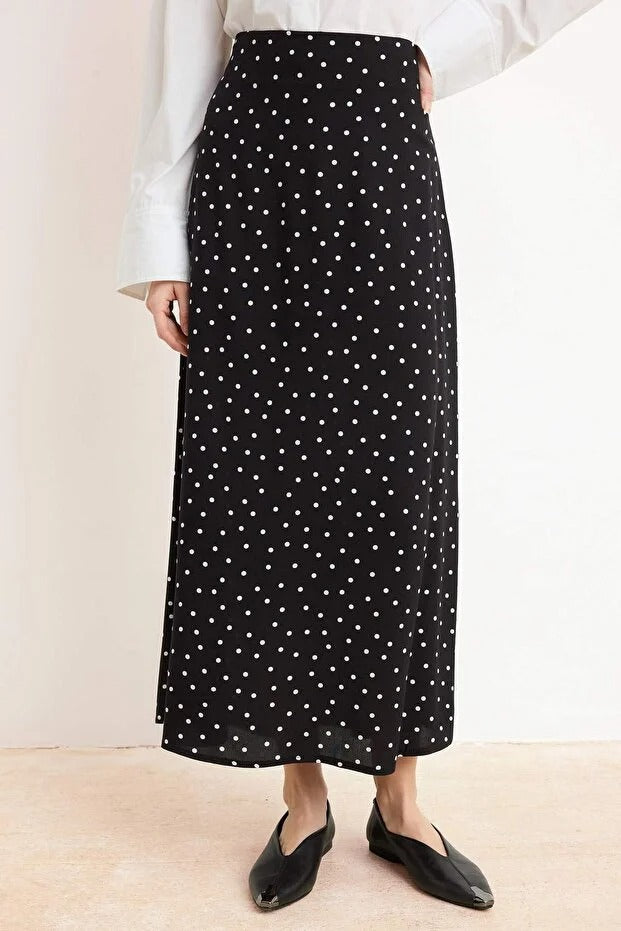 Black & White Polka Dot 100% Viscose Midi Skirt — Modest High-Waist A-Line
