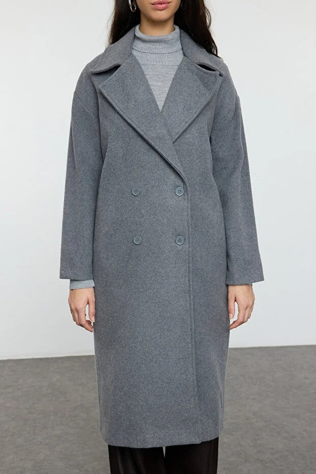 Grey Oversized Wide‑Cut Long Wool‑Blend Coat