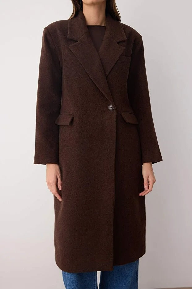 Brown Oversized Long Wool-Blend Coat