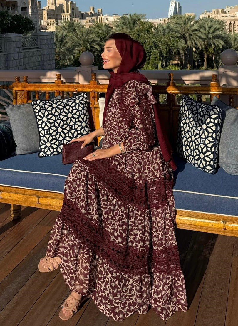 Floral Print Lace-Trim Tiered Maxi Co-ord Set - Burgundy - PRE ORDER